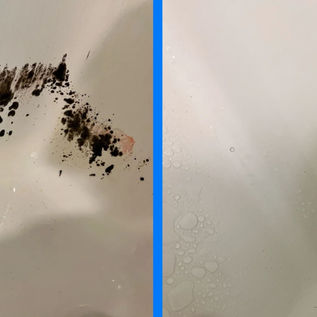 Before and after comparison of a bathtub corner: On the left, extensive black mold growth is visible, while on the right, the area appears clean and mold-free, with water droplets indicating recent cleaning