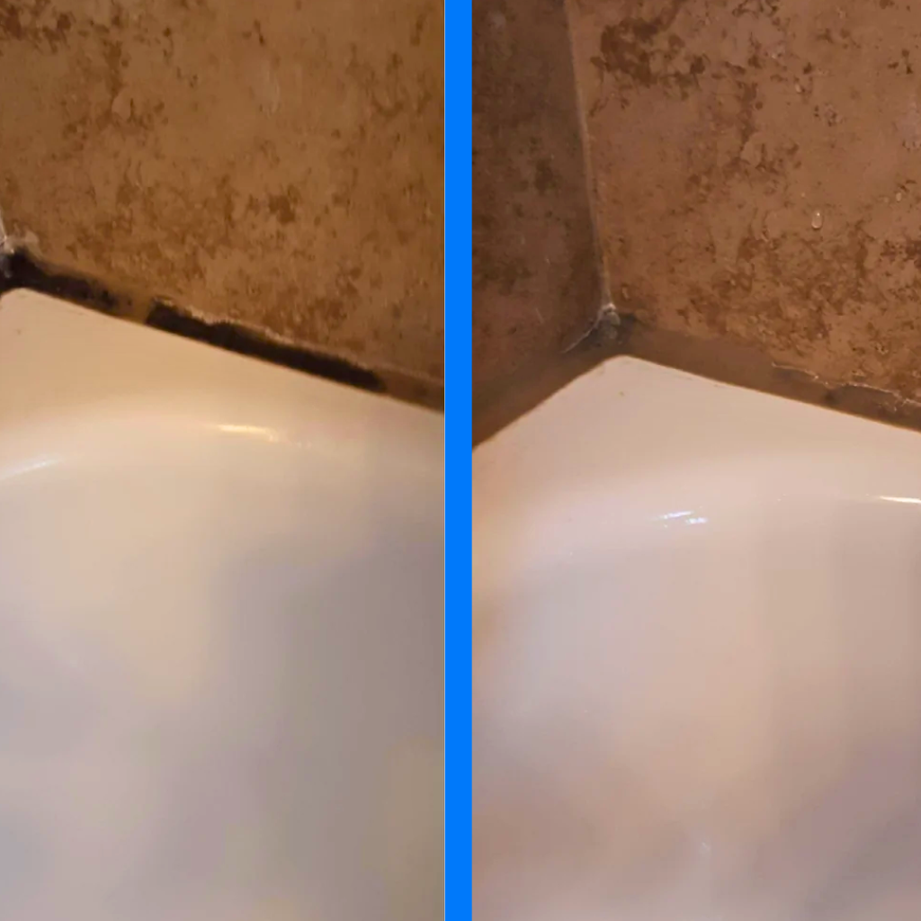 Before and after comparison of a bathroom corner, with the left side showing heavy black mold growth on white wall surfaces and caulking above a bathtub, and the right side displaying the same area completely clean and free of mold after removal treatment